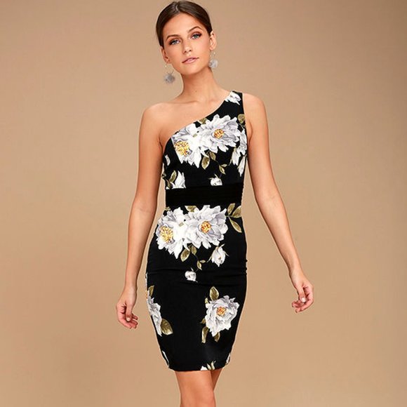 Lulu's Black Floral Print One Shoulder Dress - Picture 2 of 4